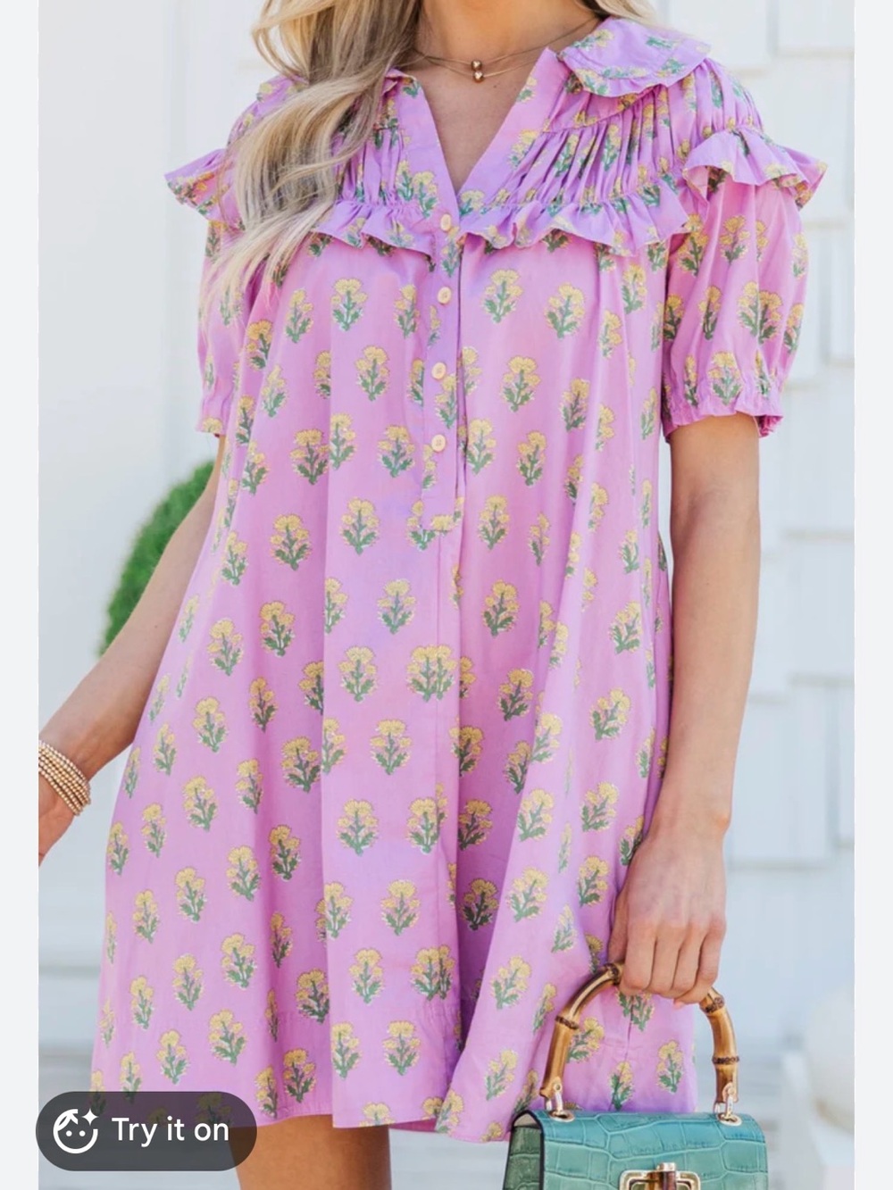 Umgee Pink Floral Ruffle-Trim Button Front Dress